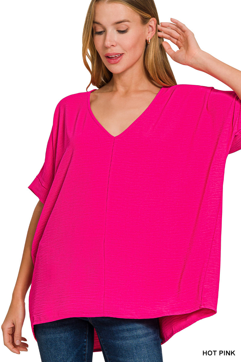 WOVEN AIRFLOW V-NECK DOLMAN SHORT SLEEVE TOP