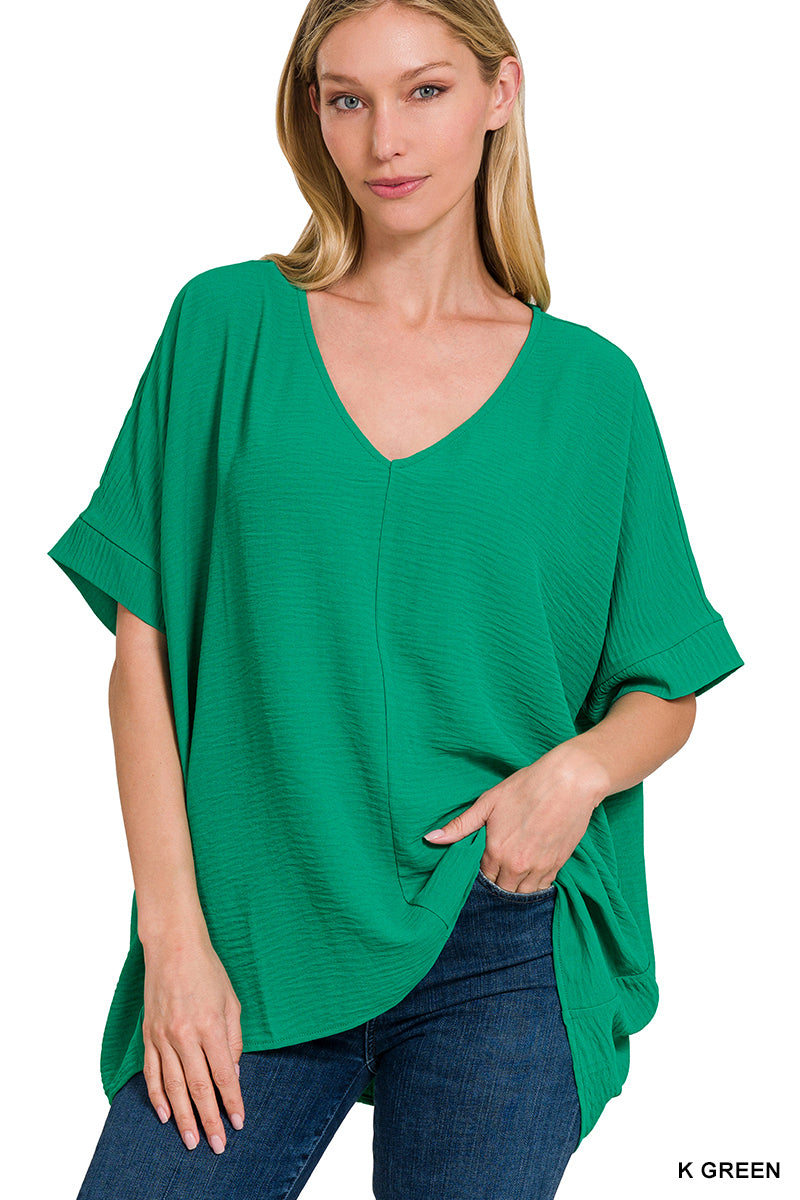 WOVEN AIRFLOW V-NECK DOLMAN SHORT SLEEVE TOP