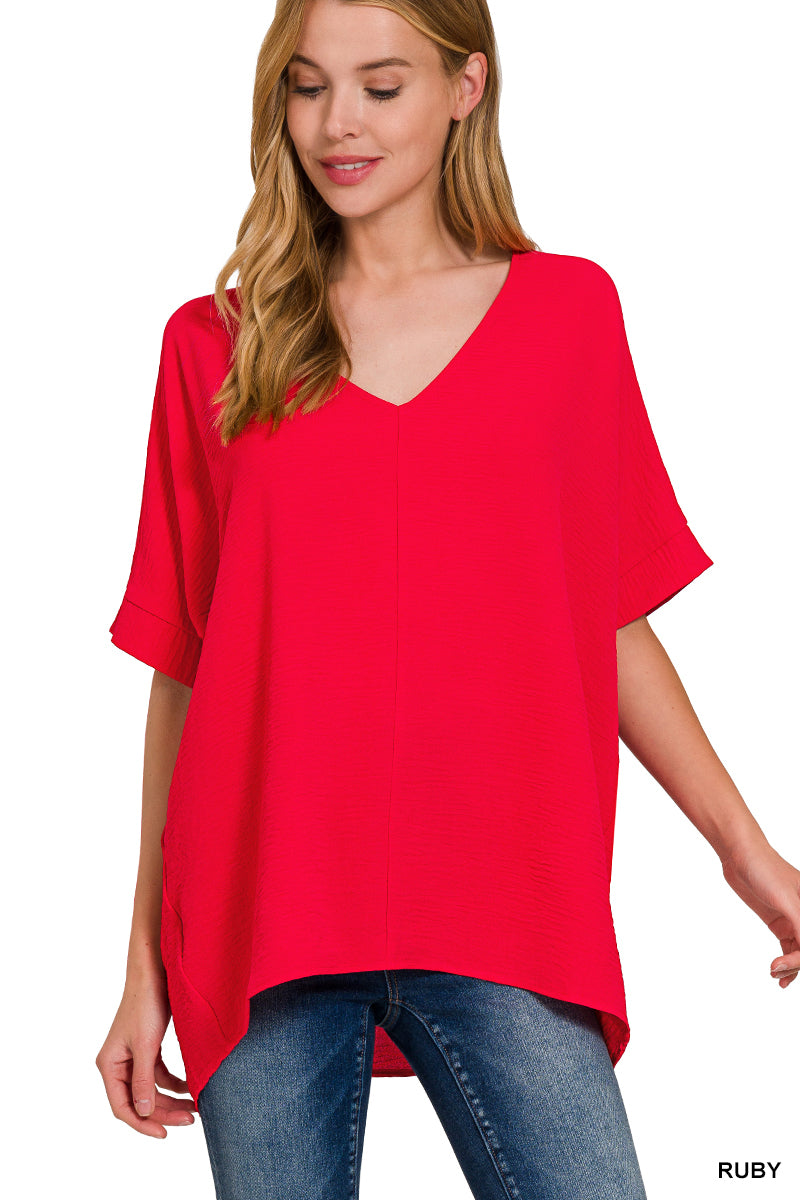WOVEN AIRFLOW V-NECK DOLMAN SHORT SLEEVE TOP