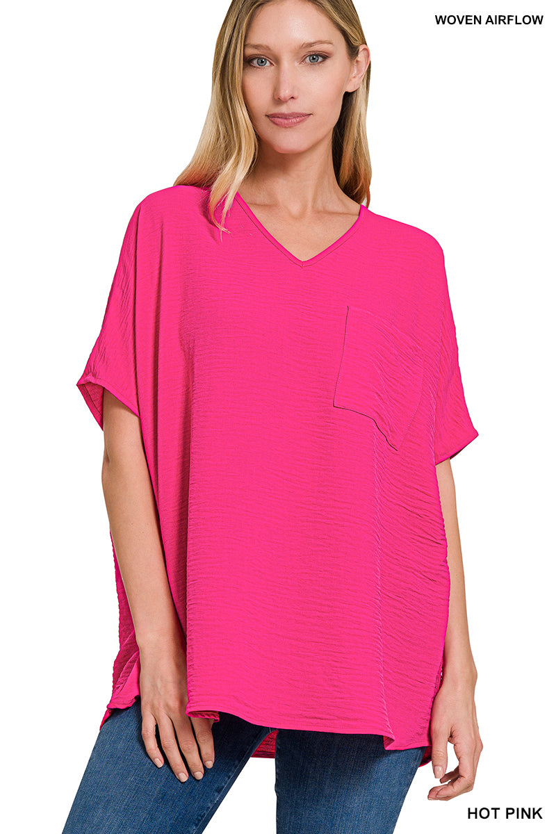 WOVEN AIRFLOW V-NECK DOLMAN SHORT SLEEVE POCKET TOP