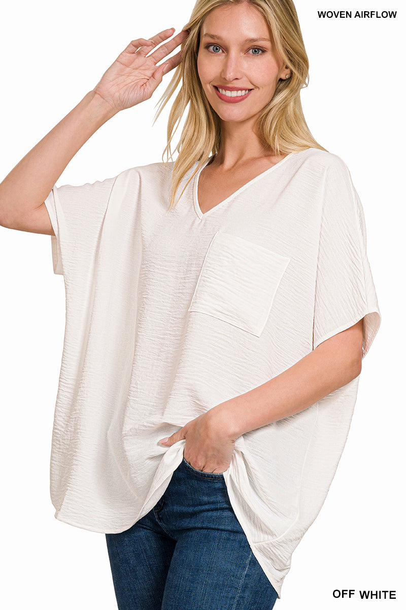 WOVEN AIRFLOW V-NECK DOLMAN SHORT SLEEVE POCKET TOP
