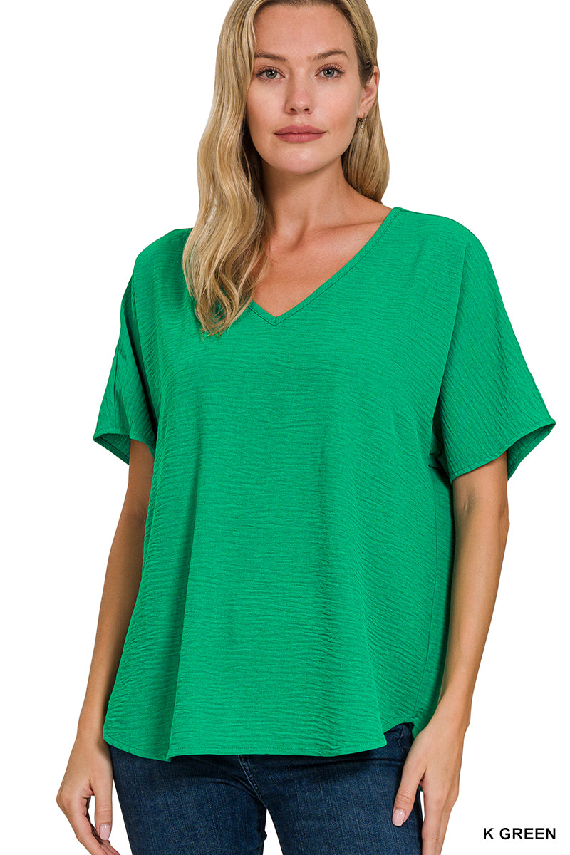 CROPPED WOVEN AIRFLOW V-NECK SHORT SLEEVE TOP