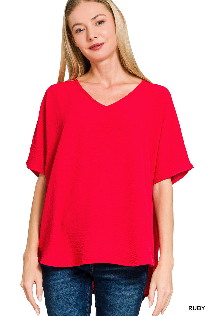 CROPPED WOVEN AIRFLOW V-NECK SHORT SLEEVE TOP