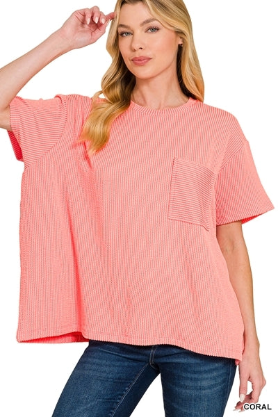 RAISED RIB SHORT SLEEVE FRONT POCKET TOP
