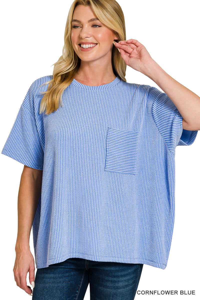 RAISED RIB SHORT SLEEVE FRONT POCKET TOP