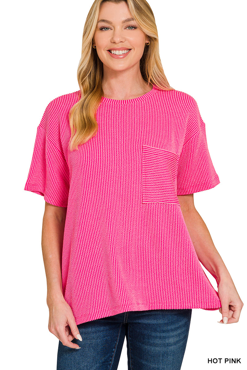 RAISED RIB SHORT SLEEVE FRONT POCKET TOP
