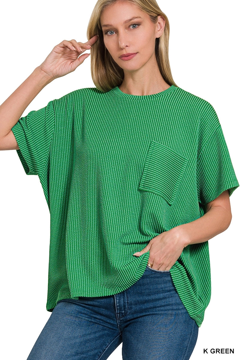 RAISED RIB SHORT SLEEVE FRONT POCKET TOP