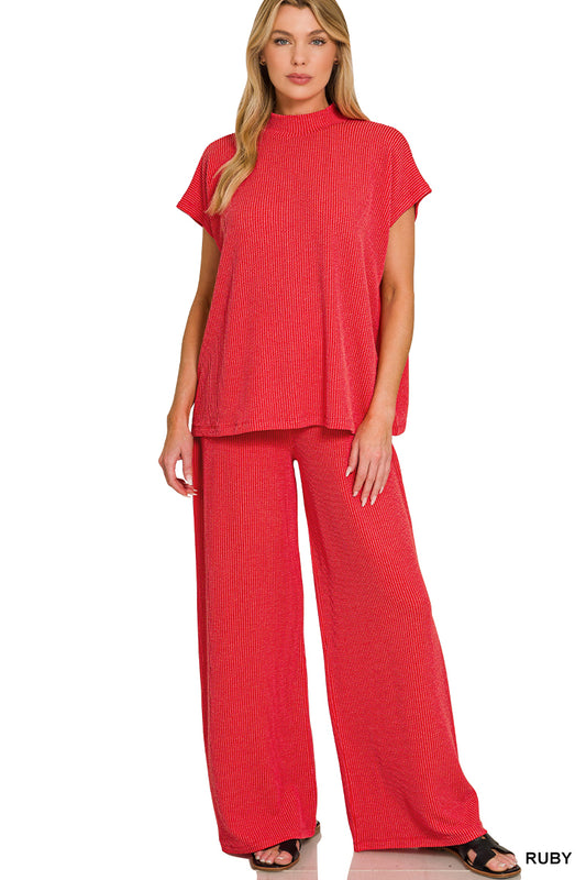 RAISED RIB SHORT SLEEVE MOCK TEE & PANTS SET