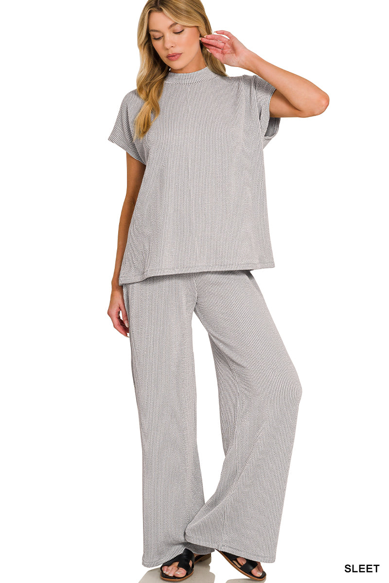 RAISED RIB SHORT SLEEVE MOCK TEE & PANTS SET