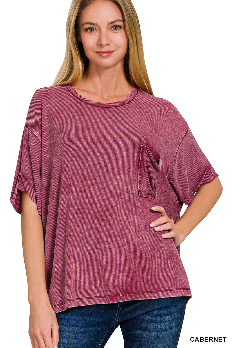 WASHED RIBBED CUFFED SHORT SLEEVE ROUND NECK TOP