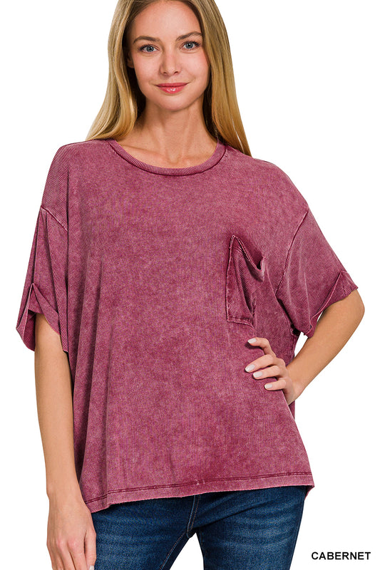 WASHED RIBBED CUFFED SHORT SLEEVE ROUND NECK TOP