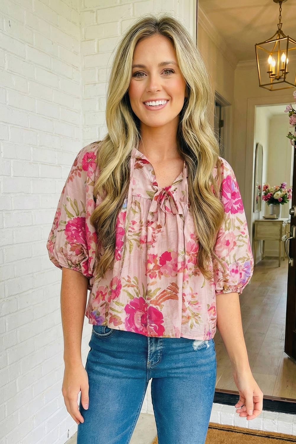Floral Print Tie Neck Puff Sleeve Top