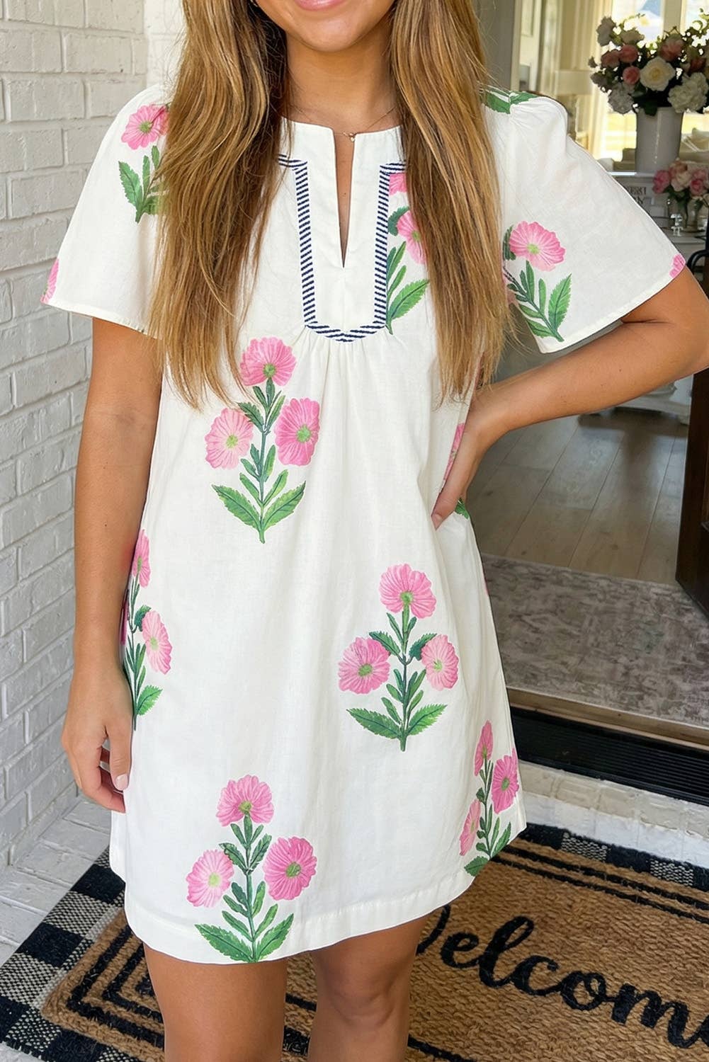 Floral Short Sleeve Split Neck Loose Mini Dress