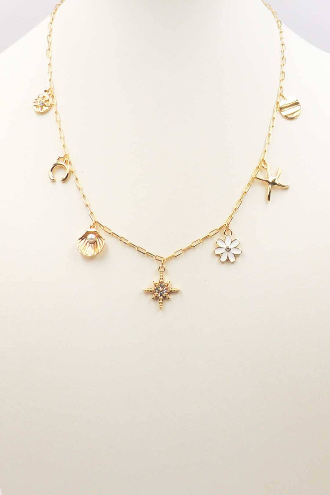 Multi Gold Charm Starburst, Flower, Heart Necklace 16