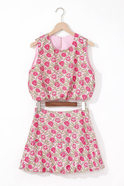 LA Society - Floral Print Puffy Cropped Tank and Mini Skirt Set