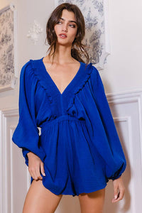 Adeline V-neck Ruffled Solid Woven Romper