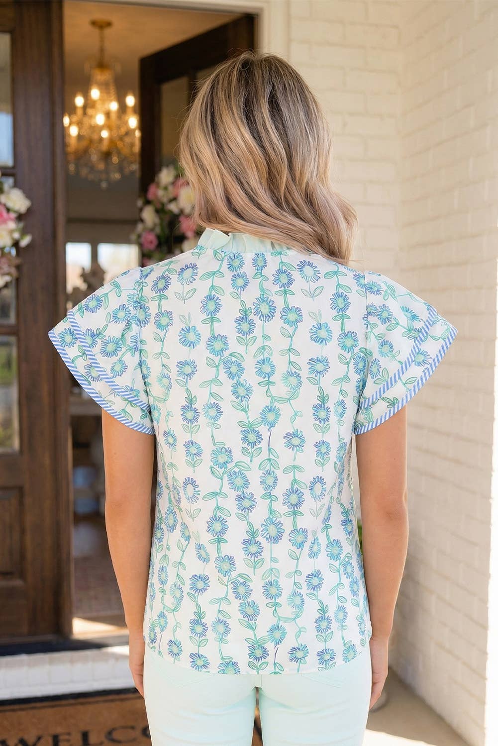 LA Society - LAS Floral Print Striped Contrast Patchwork Blouse (S-XL)