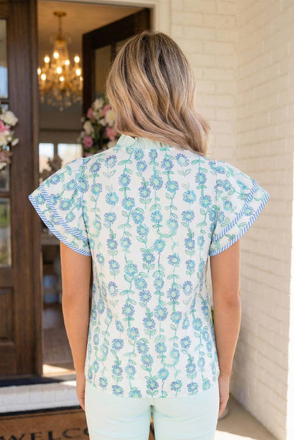 LA Society - LAS Floral Print Striped Contrast Patchwork Blouse (S-XL)