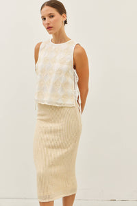 FLORAL APPLIQUE TOP WITH SIDE BOW TIE DETAIL