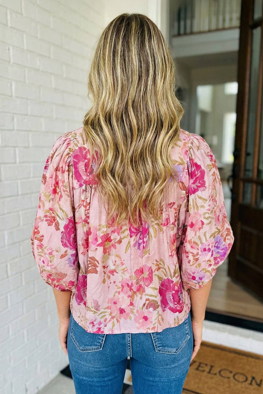 Floral Print Tie Neck Puff Sleeve Top