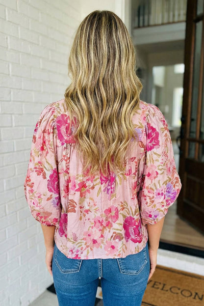 Floral Print Tie Neck Puff Sleeve Top