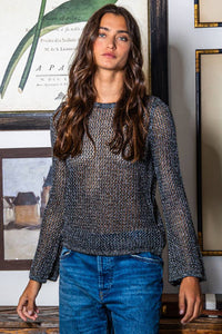 Crewneck Crochet Knit Fishnet Top