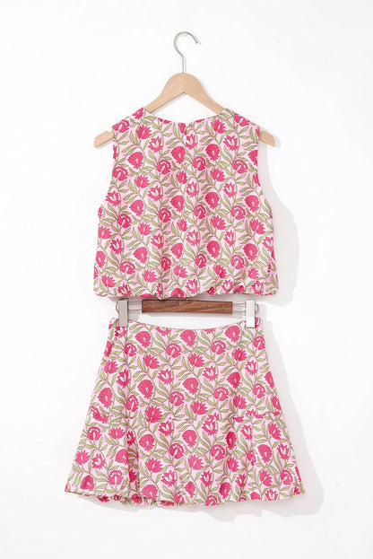 LA Society - Floral Print Puffy Cropped Tank and Mini Skirt Set