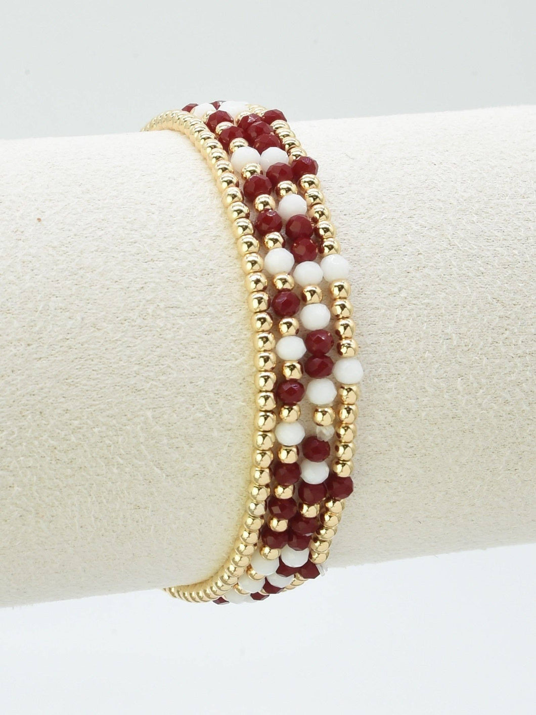 What's Hot - Set of 4 Maroon and White Glass Bead and Gold Stretch Bracelets, Great for Gameday!