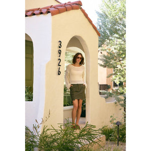 BELL-SLEEVED COTTON SWEATER WITH SCALLOP HEM AND BOAT NECK