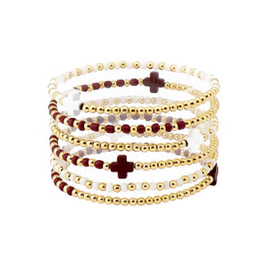 What's Hot - Gameday Set of 6 Maroon and White Beaded Stretch Bracelets, Very Popular!