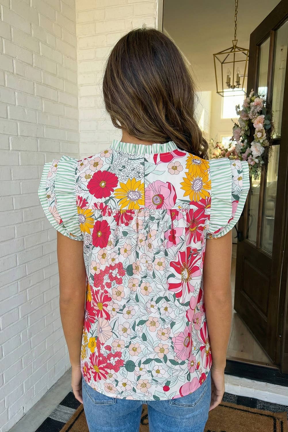 Floral Print Contrast Ruffle Trim Top
