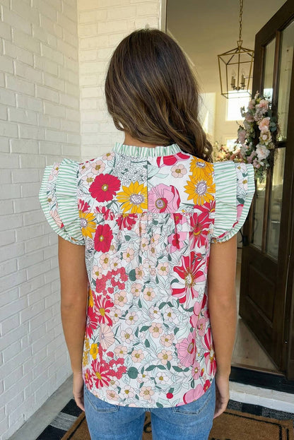 Floral Print Contrast Ruffle Trim Top